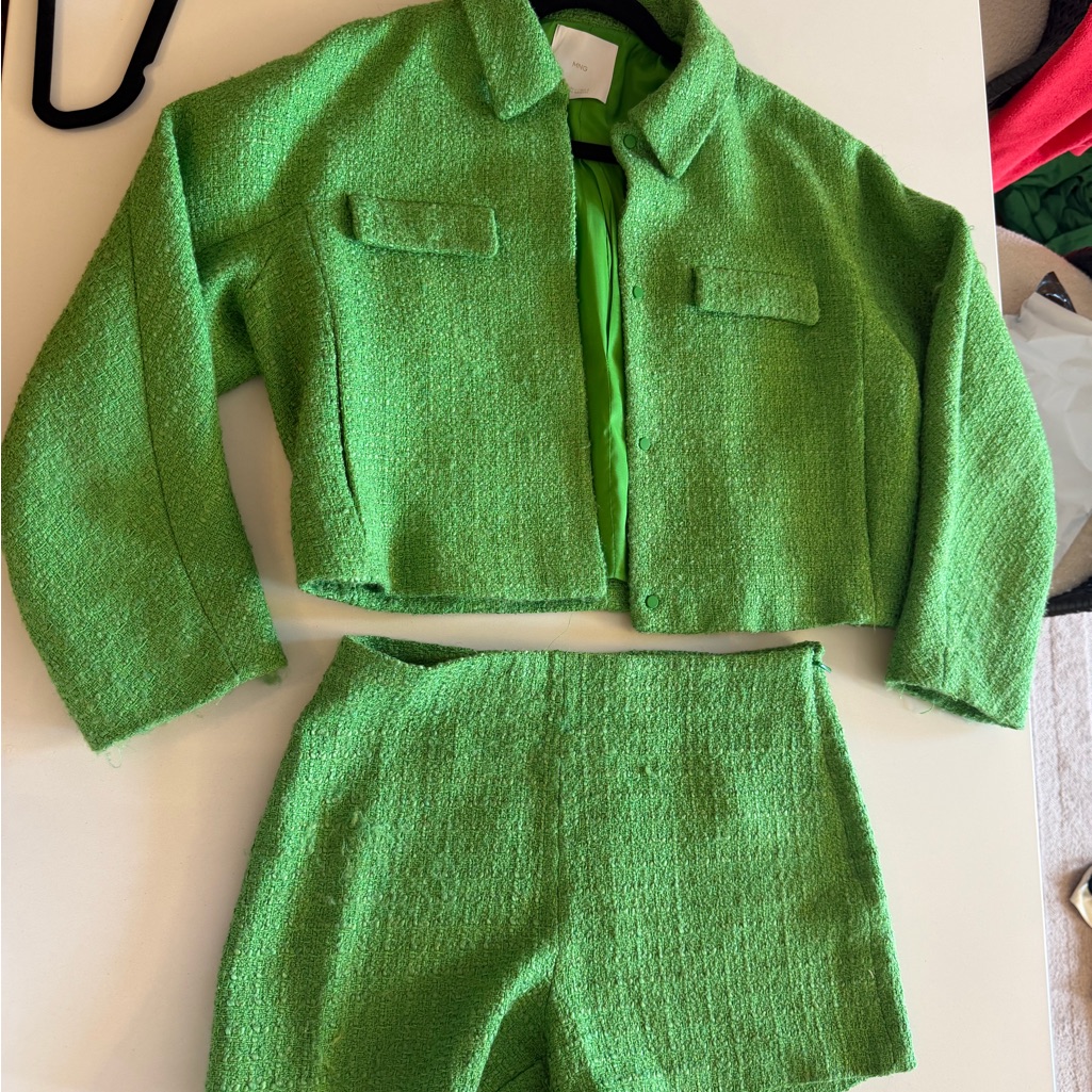 Mango Green Boucl Two-Piece Jacket & Shorts Matching Set